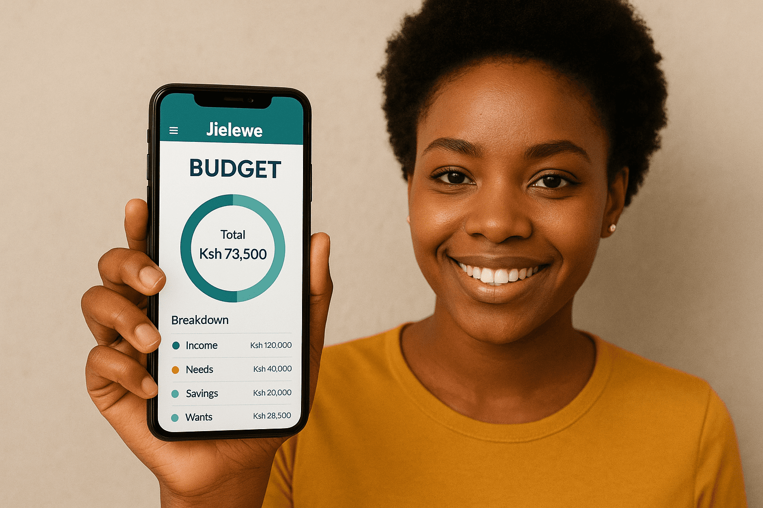 Young African woman holding a phone showing the Jielewe Budget app with income and expense breakdown.