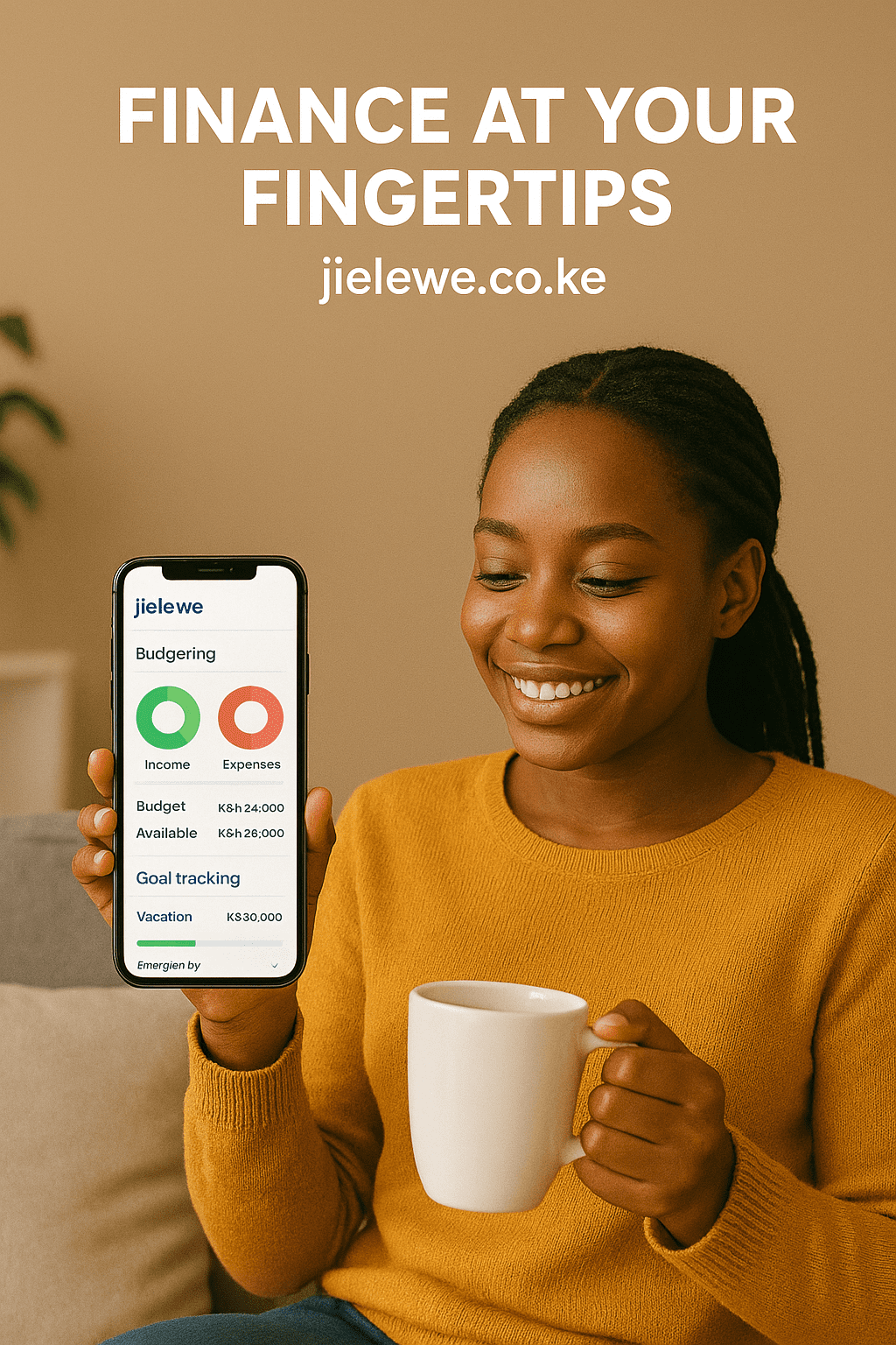 Happy Kenyan professional celebrating reaching savings goal with Jielewe app.