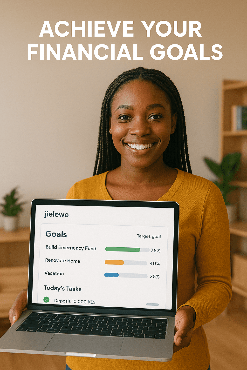 Kenyan college student tracking savings and expenses on Jielewe budgeting app.