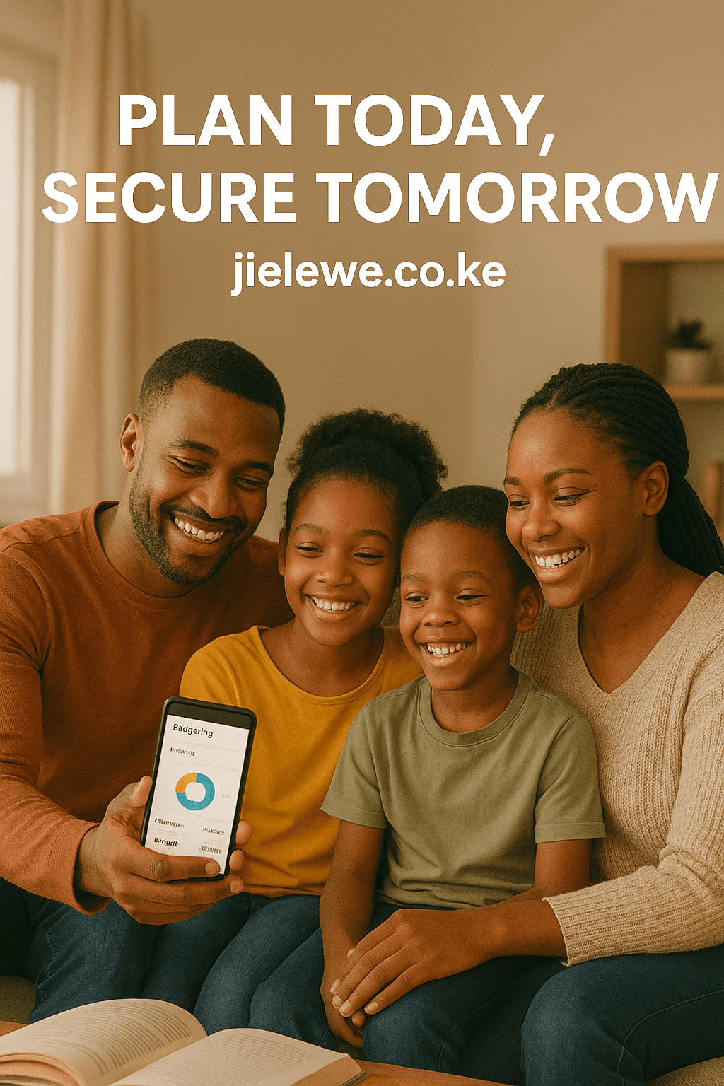 Kenyan family reviewing monthly budget using Jielewe app.