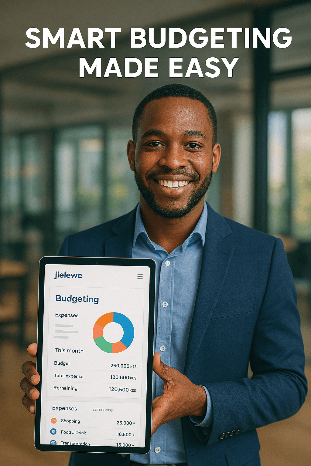 Kenyan professional tracking debt repayment and budgeting with Jielewe app on smartphone.