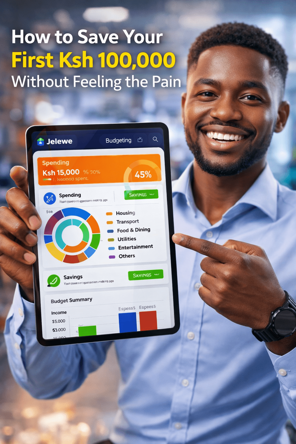 Young Kenyan professional holding a tablet showing Jielewe app budgeting screen to save Ksh 100,000 in Kenya