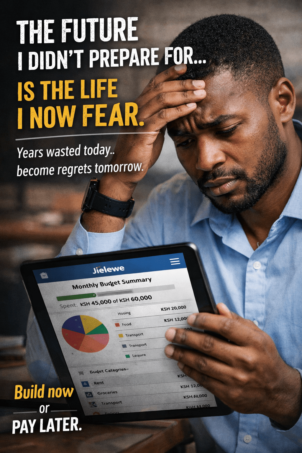 Worried Kenyan professional reviewing budget and expenses on the Jielewe personal finance app