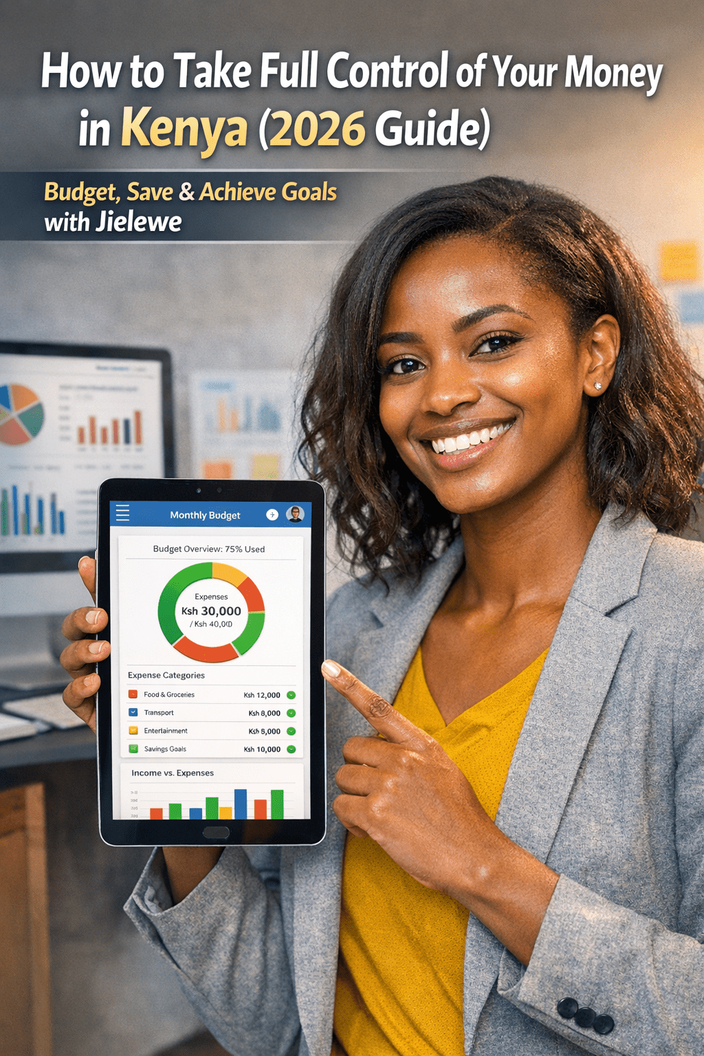 Kenyan young professional holding a tablet showing Jielewe app with budget charts, income vs expenses, and savings goals.