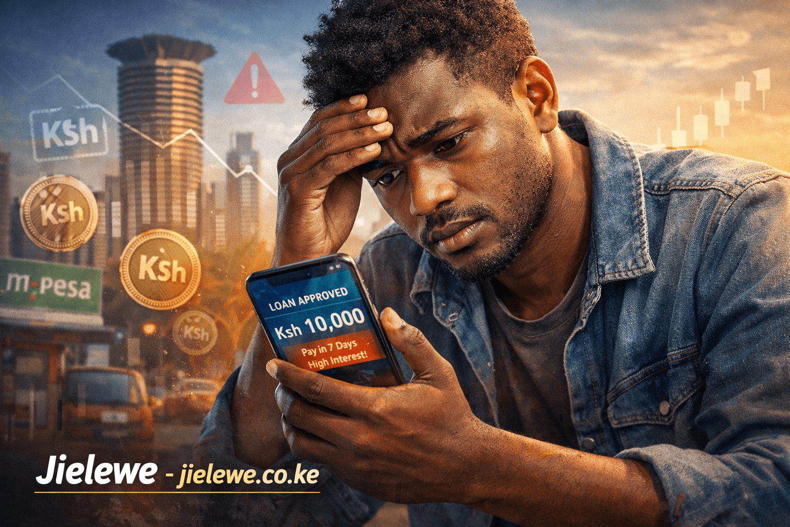 Stressed young Kenyan man using a loan app on smartphone with financial icons and Nairobi skyline in background.